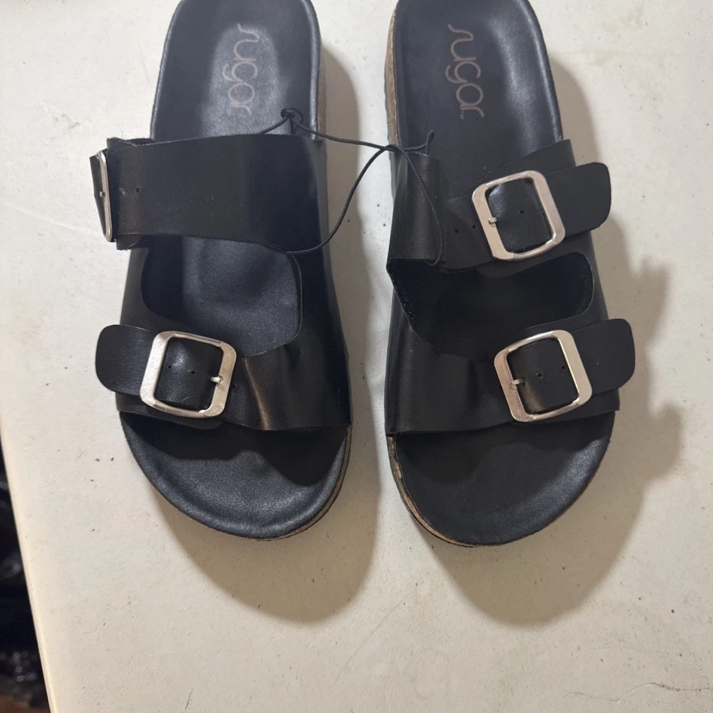 Sugar Black Double Buckle Sandals - Picture 2 of 4